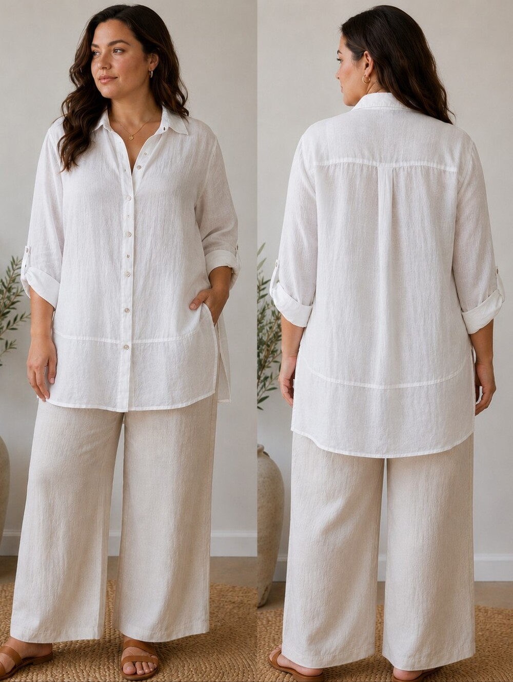 Tahari Linen Button Front Tunic Long Shirt White Plus Size 2X Relaxed